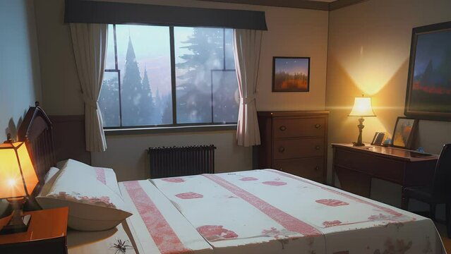 bedroom with big window warm on snowy winter. cartoon or anime illustration style. seamless looping 4k time-lapse virtual video animation background