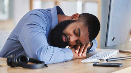 Call center, tired business man and sleeping at desk with burnout, fatigue and low energy in...