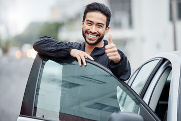 New car, man with thumbs up and smile on street, yes and thank you for vehicle finance loan...