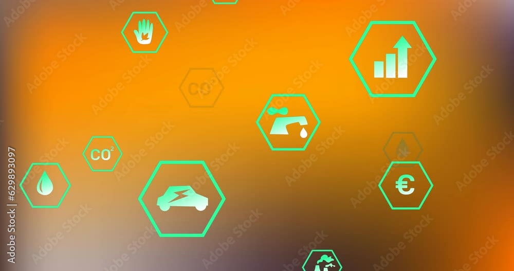 Aufkleber animation of ecology green icons with currency sign and graphs in hexagons on abstract background
