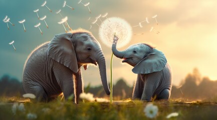 An imaginative image showcasing a joyful family of two elephants near a dandelion. The playful baby elephant interacts with dandelion fluffs blown by the wind