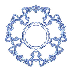 Azulejos - Portuguese round blue watercolor pattern. Traditional tribal ornament. Capri Maiolica. Delft Blue and White