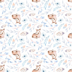 Cute baby deer animal seamless pattern for kindergarten, nursery isolated illustration for children clothing. Watercolor Hand drawn boho image Perfect for cases design, nursery posters, postcards