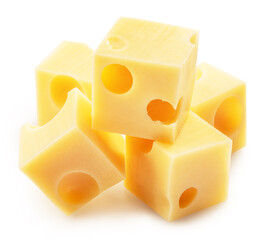 Emmental or Maasdam cheese cubes isolated on white background.