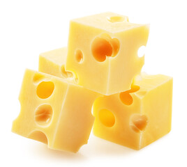 Emmental or Maasdam cheese cubes closeup on white background. File contains clipping path.