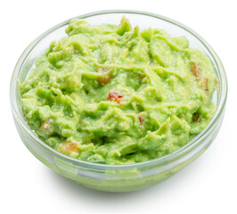 Guacamole or dip of avocado in the glass bowl on white background. Clipping path.