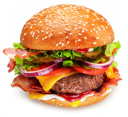 Tasty cheeseburger isolated on white background.