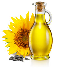 Bottle of oil  sunflower and sunflower seed isolated on white background. The most popular of vegetable oils.