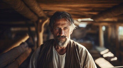 Obraz na płótnie Canvas Portrait of the biblical carpenter Joseph in his workshop. Christian scene.