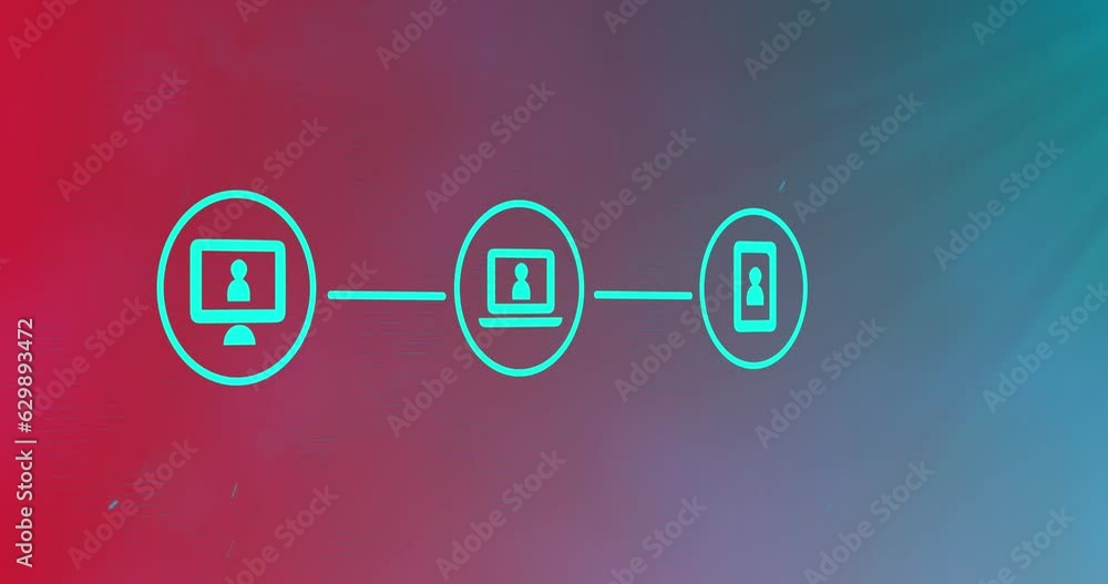 Poster animation of desktop computer with laptop and smartphone icons forming flowchart