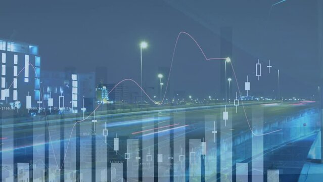 Animation of multiple graphs over time-lapse of vehicles moving on bridge in city at night - Powered by Adobe