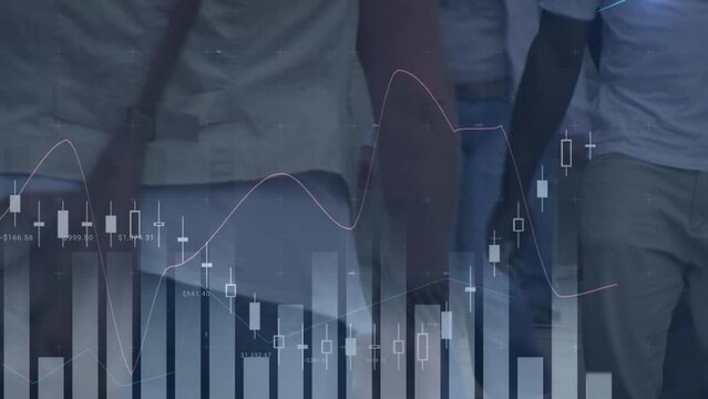 Animation of multiple graphs moving over diverse crowd walking on street in city