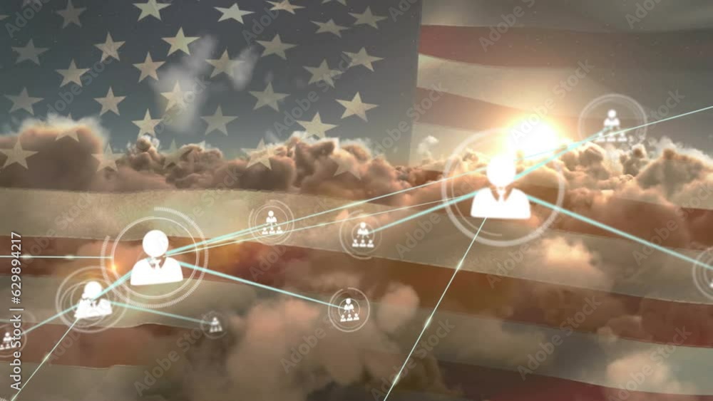 Poster animation of profile icons connecting with lines over flag of america and clouds
