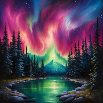 Aurora's Embrace: A Vivid Night Sky Radiates Over a Tranquil Forest Lake