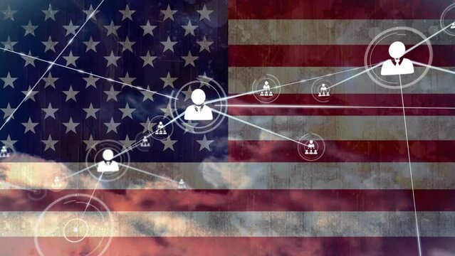 Animation of people icons connecting with lines over flag of america and clouds - Powered by Adobe