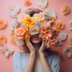 Love, beautiful girl portrait in pastel vivid, fresh, spring, flowers, wreath of flowers in the hair of a young woman with a face mask through the eyes. Generative AI