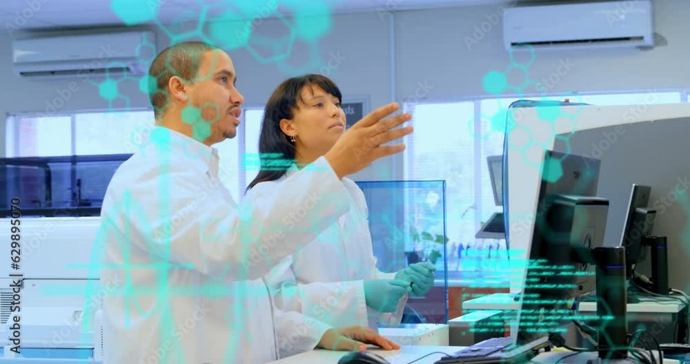 Poster animation of coding and molecule structure over diverse scientists discussing over computer