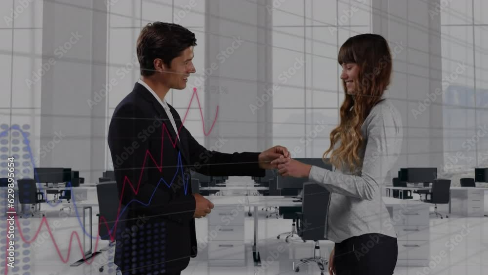Poster animation of multiple graphs with numbers over caucasian man handing keys to woman and shaking hands