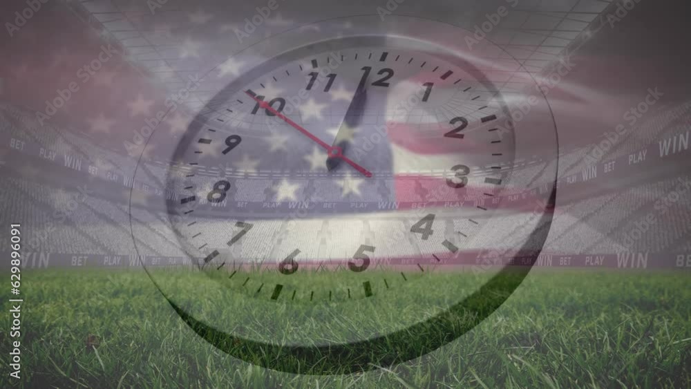 Poster animation of clock and flag of america over low angle view of grass and empty stadium