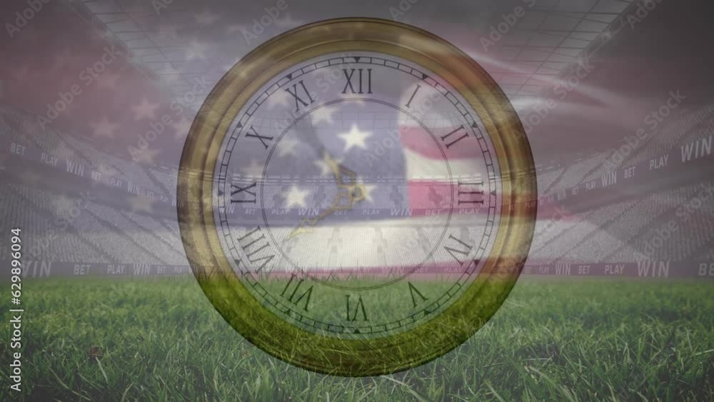 Poster animation of clock and flag of america over low angle view of grass and empty stadium