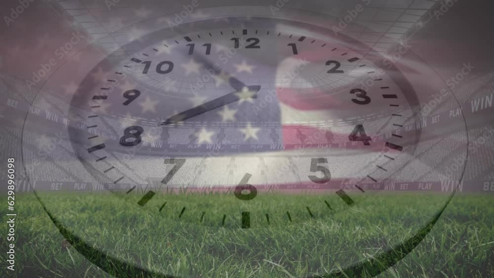 Poster animation of clock and flag of america over low angle view of grass and empty stadium