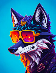 A detailed illustration of a wolf wearing trendy sunglasses with leaf, paint splash, and gravity background for a t-shirt design and fashion