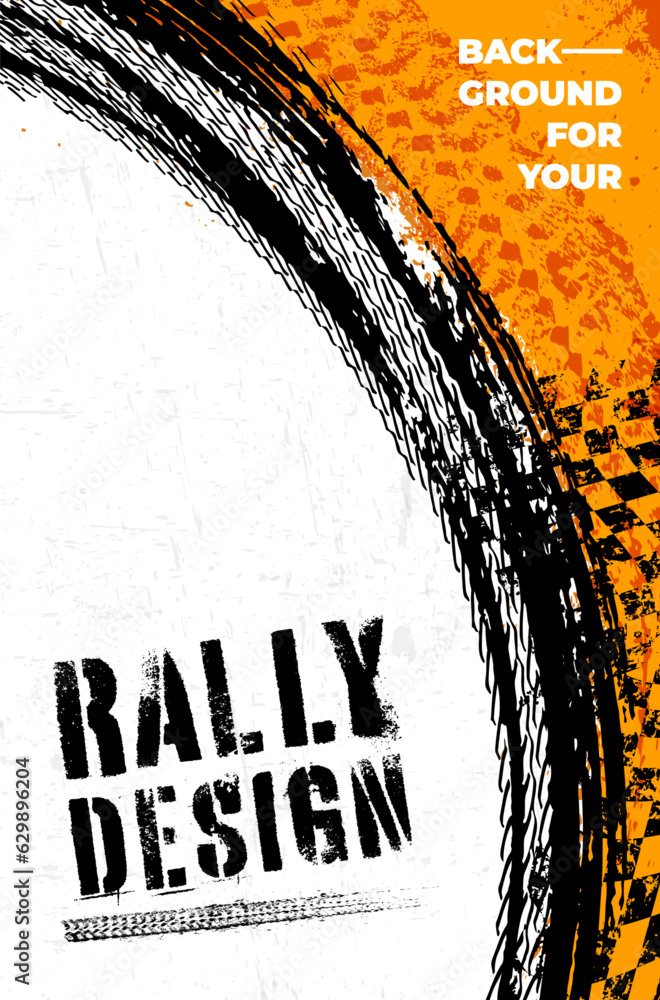Poster grungy background with abstract tire tracks and chess flags for your rally design
