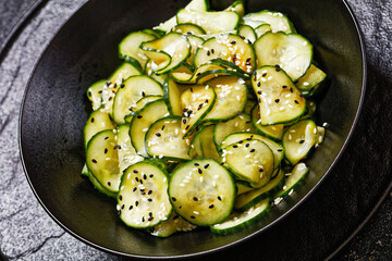 Sunomono, Japanese Cucumber Salad in a black bowl