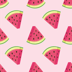 Seamless summer pattern with watermelon slices on a pink background. Summer pattern with fruits for fabric print, greeting card, wrapping. Vector flat illustration.