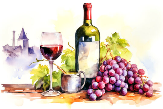 Watercolor drawing on theme of Winery - bottle, glass and grapes. Generative ai.