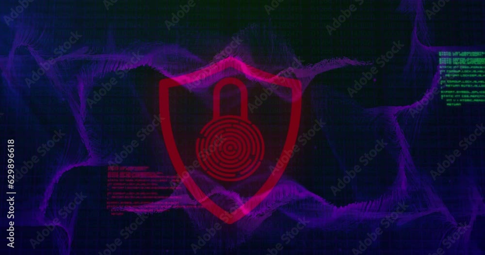 Poster animation of padlock in shield and computer language over dynamic waves on black background