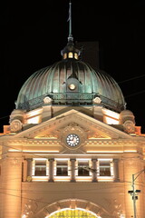 Copper-clad dome of Flinders Street Station in Edwardian style, AD 1854 opened, oldest in the...