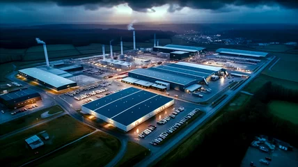 Fotobehang Site industriel éclairé  - Usine en activité la nuit, production 24h/24 - Générative IA © Concept Photo Studio