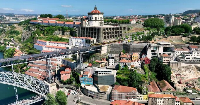 Aerial Footage, Vila Nova de Gaia side of Porto, Bridge on Douro river. Tourism