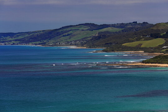 View from the Great Ocean Road over Colac Otway Shire coast, Skenes Creek, Apollo Bay. Victoria-Australia-778