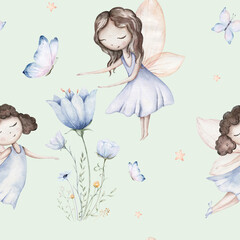 Fairy and Flowers watercolor seamless girls nursery pattern. Cartoon pink magic girl baby background. Faitytale textile art