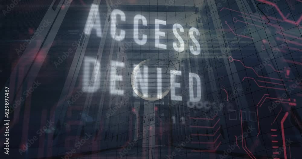 Poster animation of binary codes and access denied texts, mathematical equation and diagrams on server room