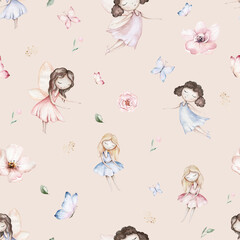 Fairy and Flowers watercolor seamless girls nursery pattern. Cartoon pink magic girl baby background. Faitytale textile art