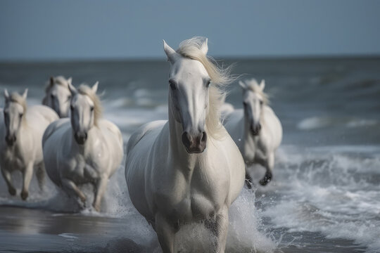 Close-up of white horses run along the coast