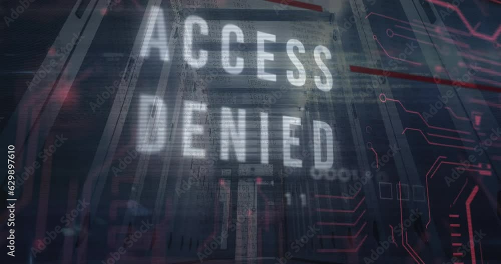 Poster animation of access denied texts, binary codes and computer language, low angle view of server room