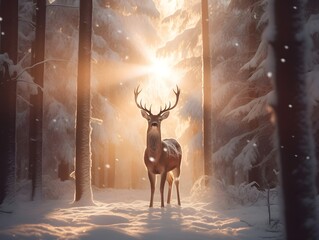 Winterzauber: Das goldene Licht umhüllt den Hirsch im Wald