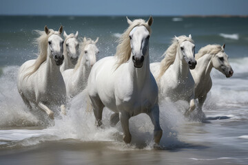 Close-up of white horses run along the coast