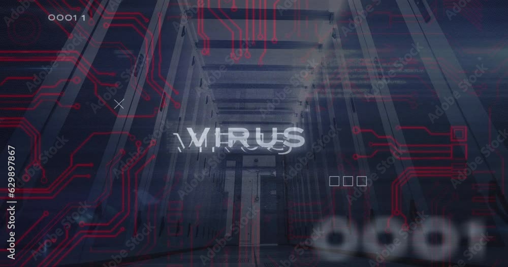 Poster animation of virus text, binary codes and computer language, low angle view of server room