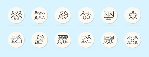 Communication line icon. People, monitor, gear. planet, message, chart. Pastel color background. Vector line icon for business