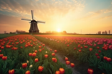 Field with tulips and windmill. Floral background. Field with rows of tulips. Sky with clouds during sunset. Beginning of the agricultural season in the Netherlands