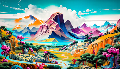 Illustration de paysage de montagne coloré - Générative IA