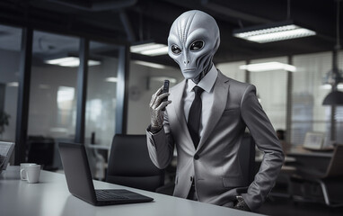 In an office setting, Grey Aliens can be seen wearing business suits as they work.   Generative AI