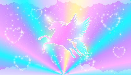 Fototapeta na wymiar Rainbow background with winged unicorn silhouette with stars.