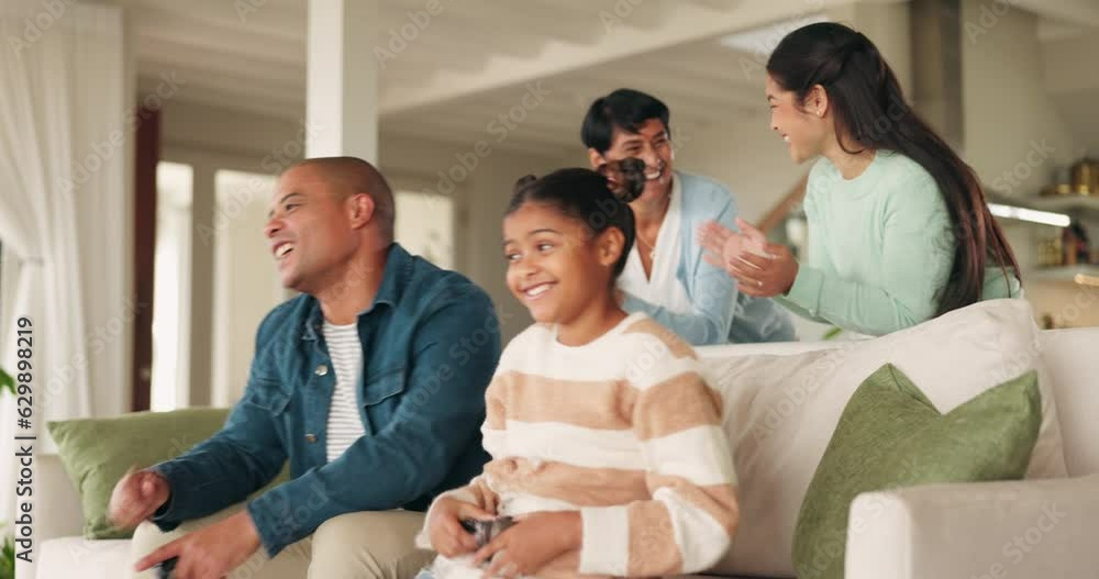 Wall mural Kids gaming, family and home with celebration of esports win in living room on a television. Grandpa, young girl and excited from video game and competition on tv with a smile of senior man and child