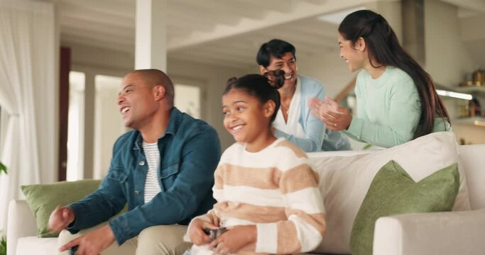 Kids gaming, family and home with celebration of esports win in living room on a television. Grandpa, young girl and excited from video game and competition on tv with a smile of senior man and child